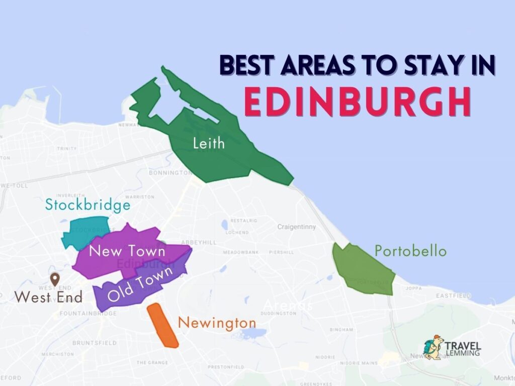 A graphic map that shows the best areas to stay in Edinburgh