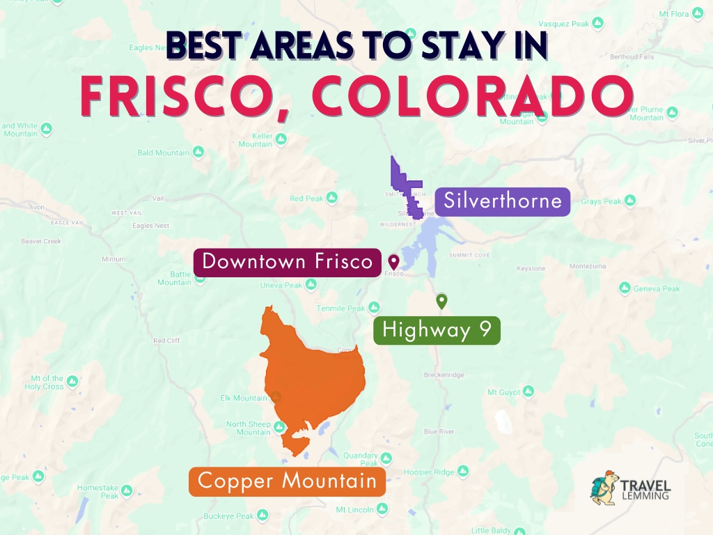 A graphic map that shows the best areas to stay in Frisco CO
