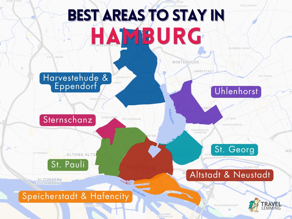 A graphic map that shows the best areas to stay in Hamburg