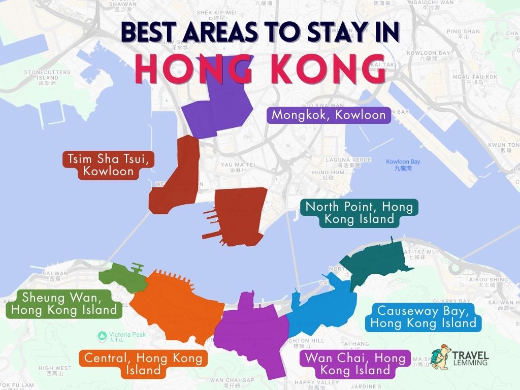 A graphic map that shows the best areas to stay in Hong Kong