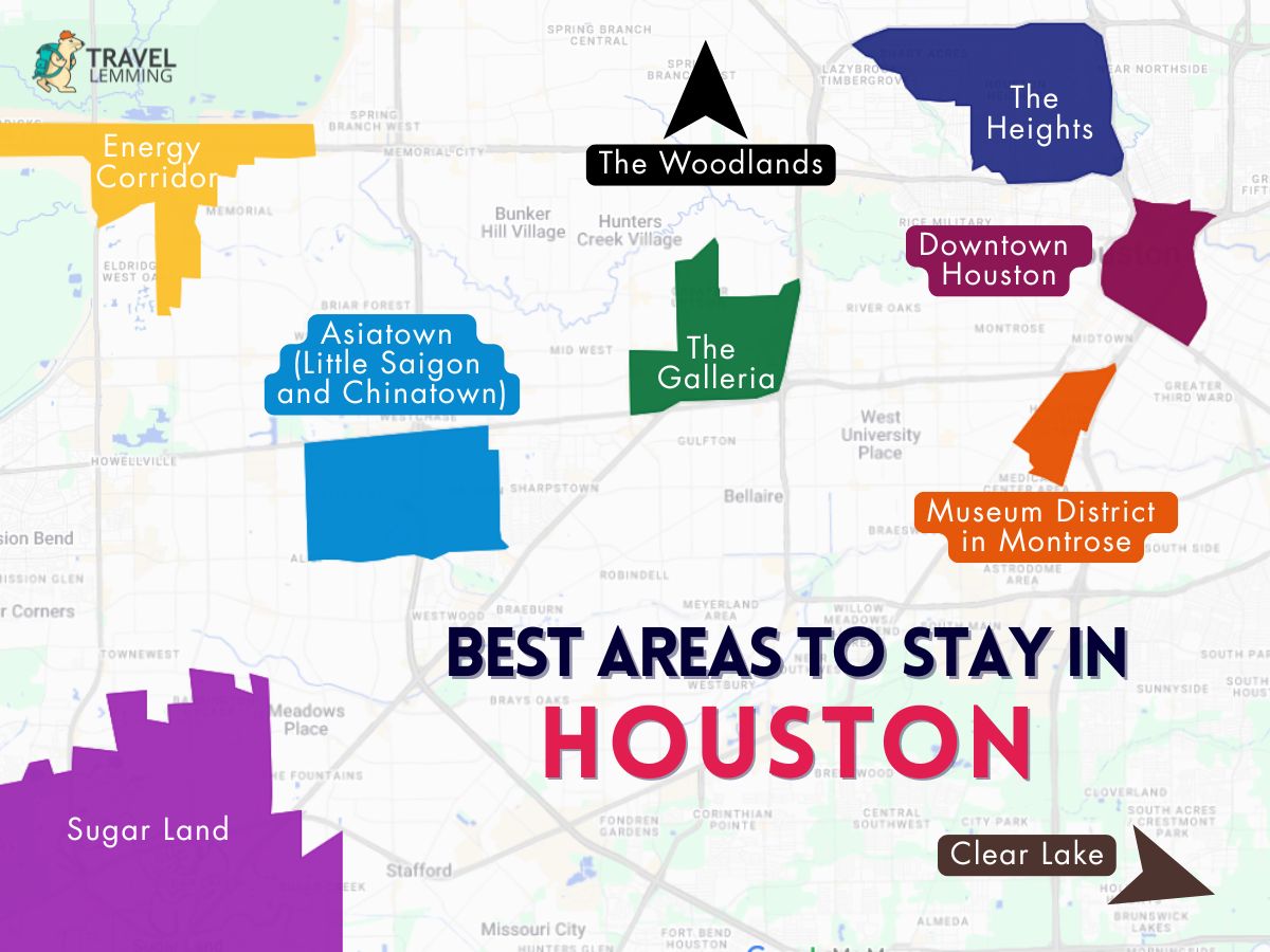 A graphic map that shows the best areas to stay in Houston