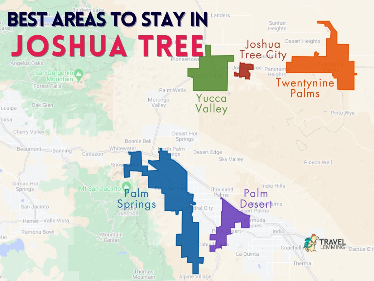 A graphic map that shows the best areas to stay in Joshua Tree