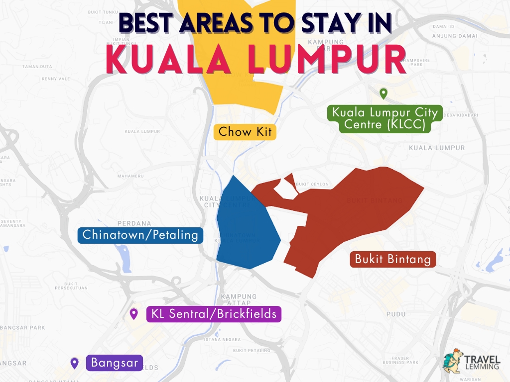 A graphic map that shows the best areas to stay in Kuala Lumpur