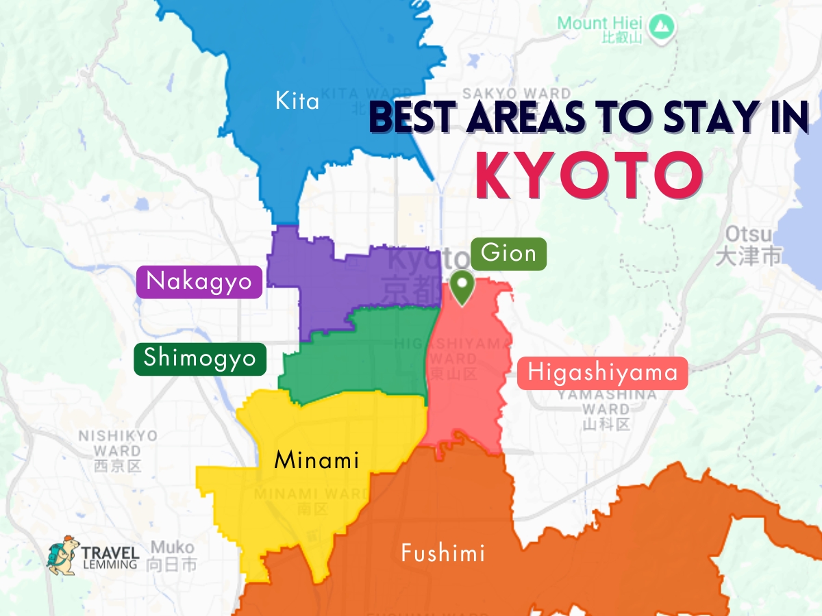 A graphic map that shows the best areas to stay in Kyoto, Japan