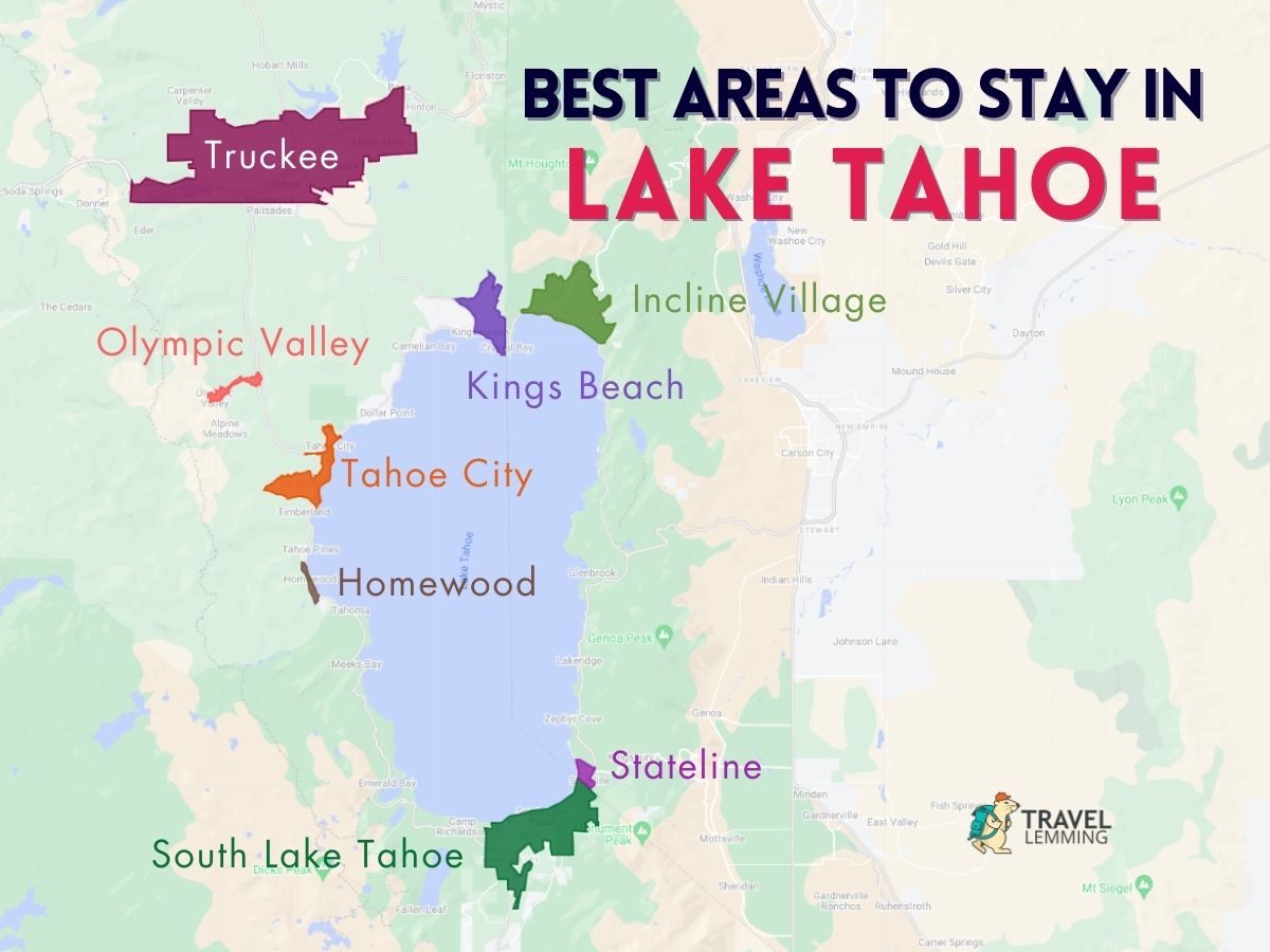 A graphic map that shows the best areas to stay in Lake Tahoe