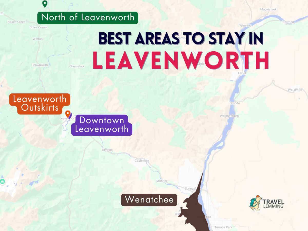 A graphic map that shows the best areas to stay in Leavenworth