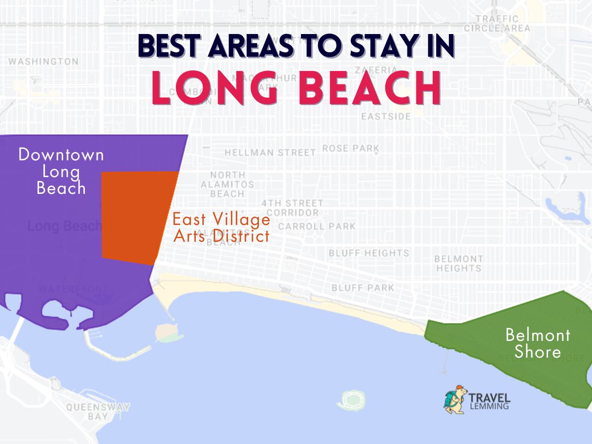 A graphic map that shows the best areas to stay in Long Beach