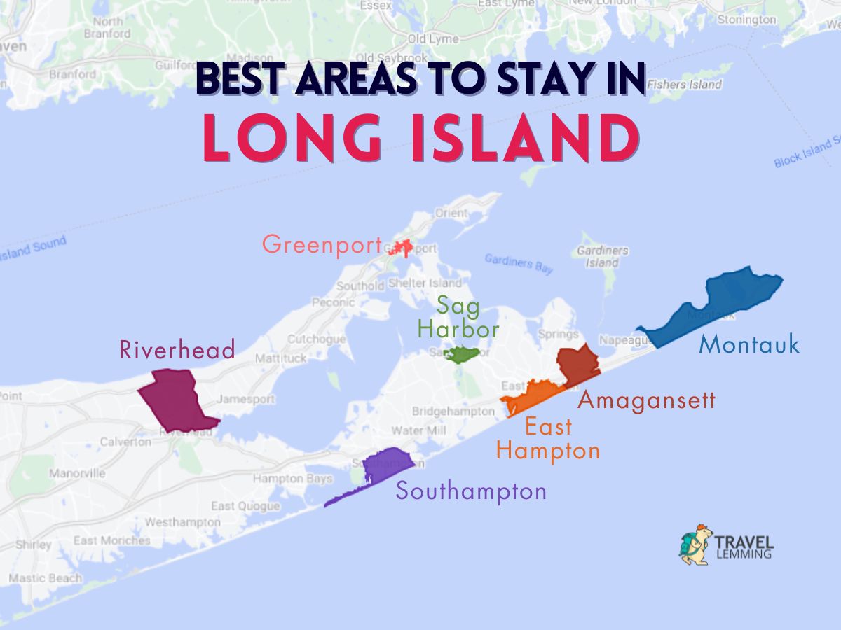 A graphic map that shows the best areas to stay in Long Island