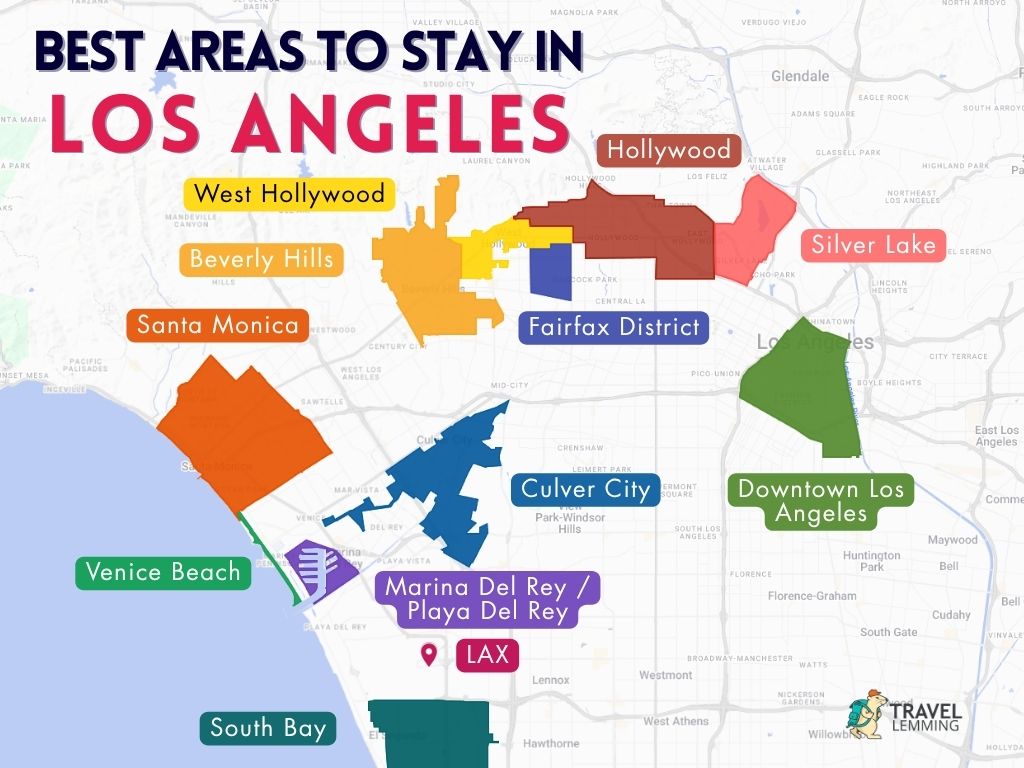A graphic map that shows the best areas to stay in Los Angeles