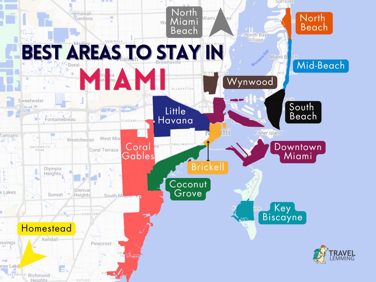 A graphic map that shows the best areas to stay in Miami