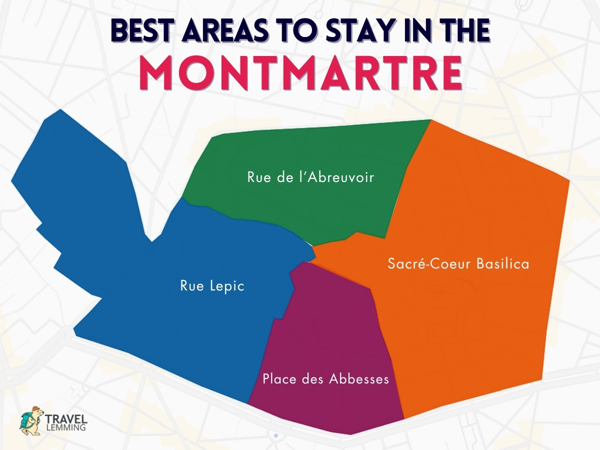 A graphic map that shows the best areas to stay in the Montmartre