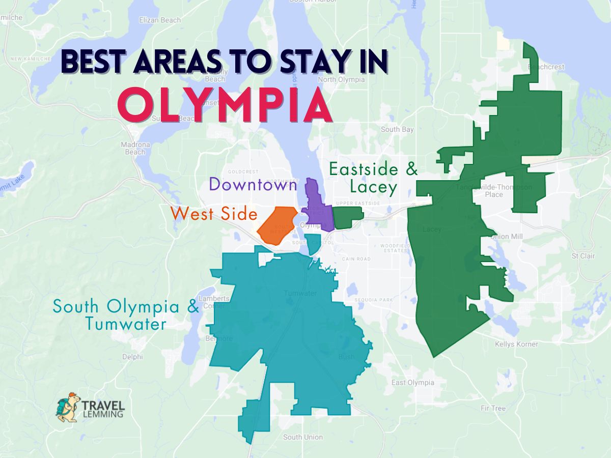 A graphic map that shows the best areas to stay in Olympia