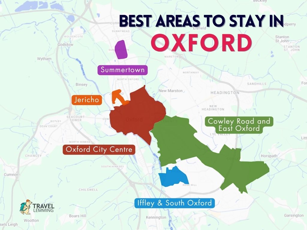 A graphic map that shows the best areas to stay in Oxford