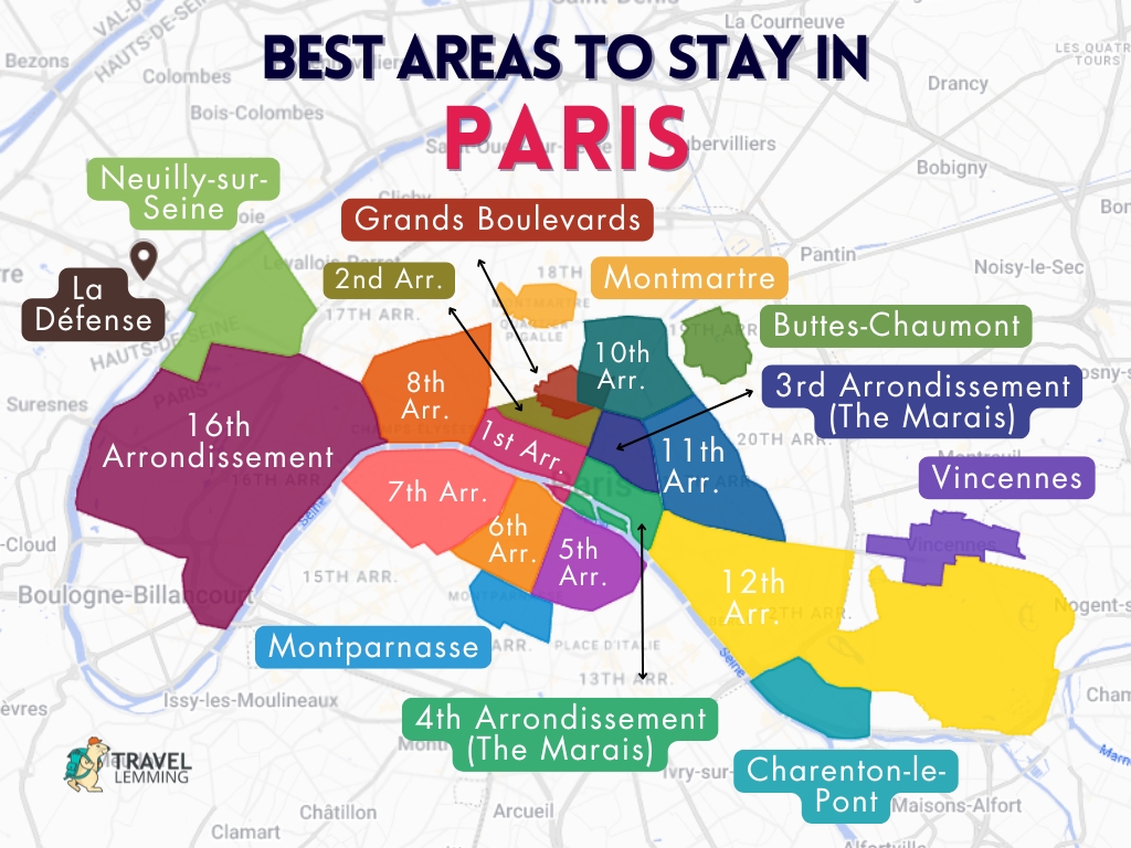 A graphic map that shows the best areas to stay in Paris