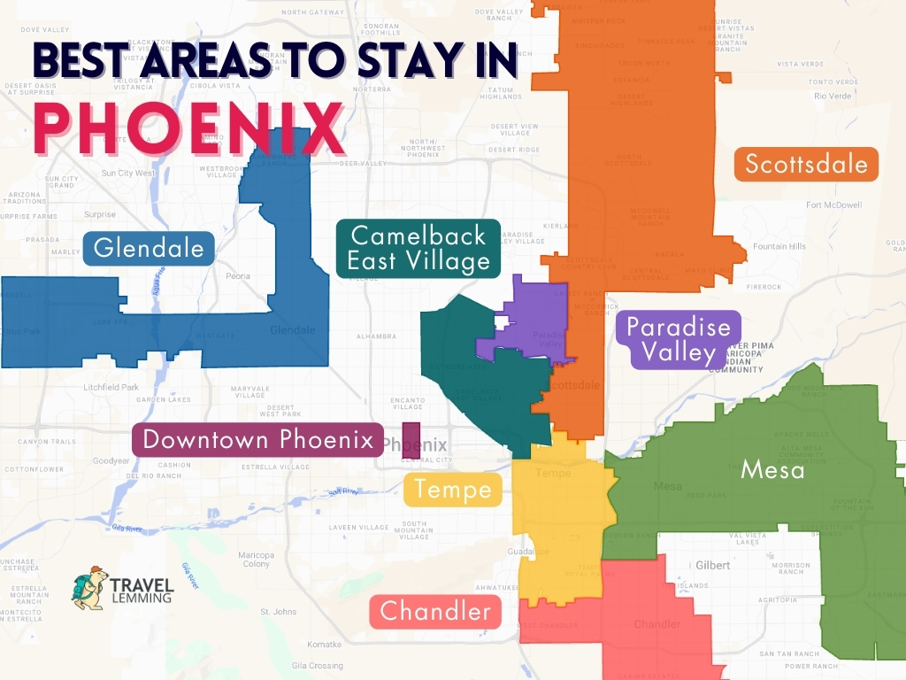 A graphic map that shows the best areas to stay in Phoenix