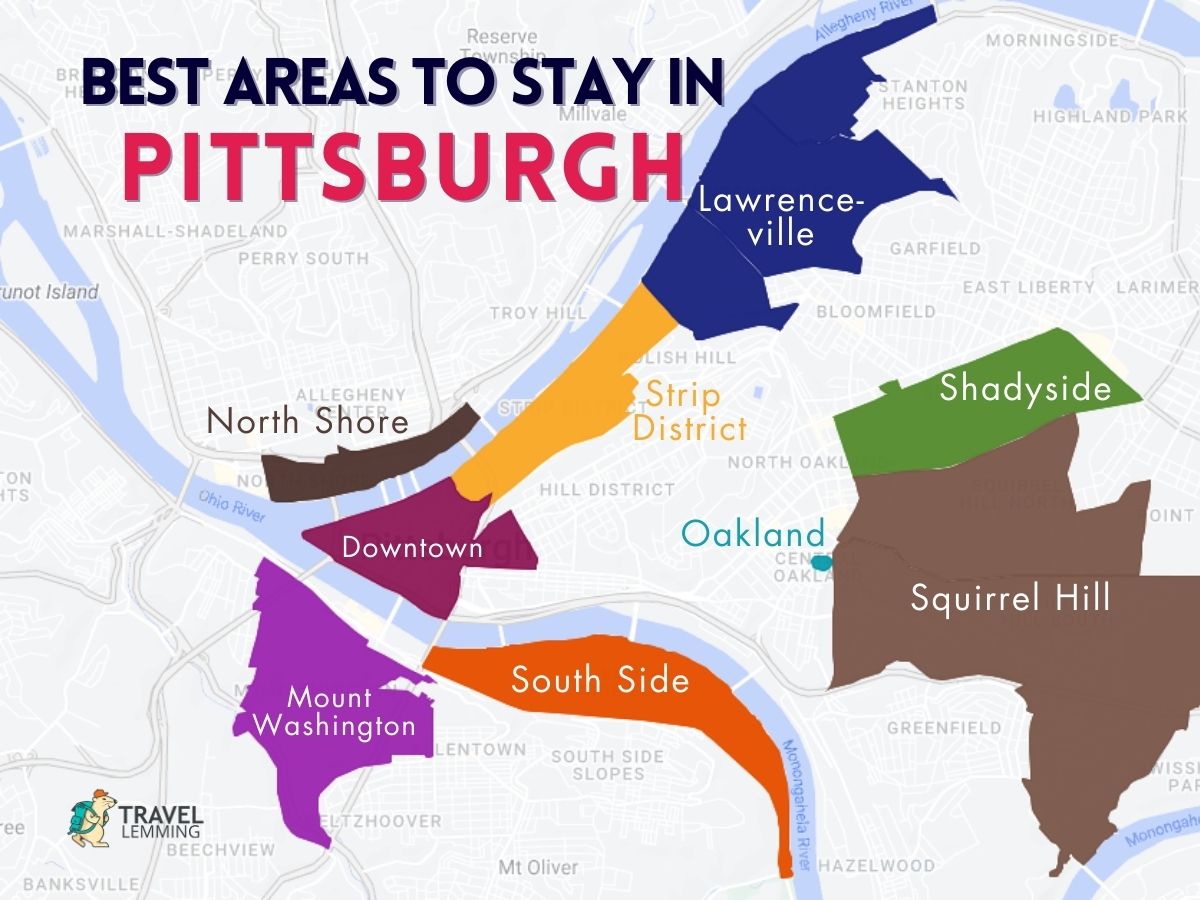 A graphic map that shows the best areas to stay in Pittsburgh