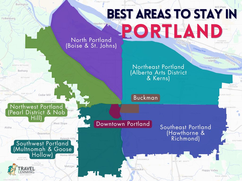 A graphic map that shows the best areas to stay in Portland