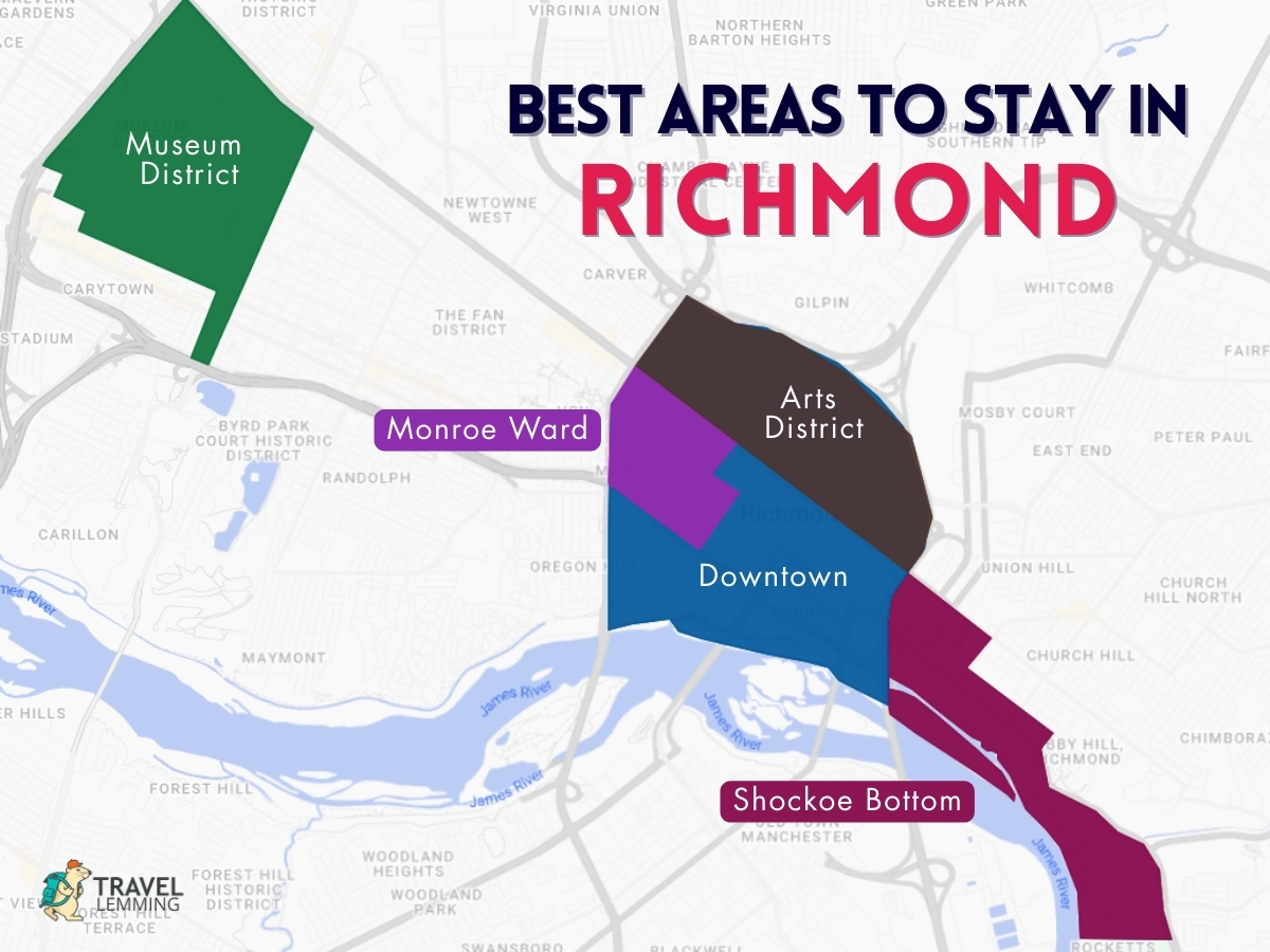 A graphic map that shows the best areas to stay in Richmond