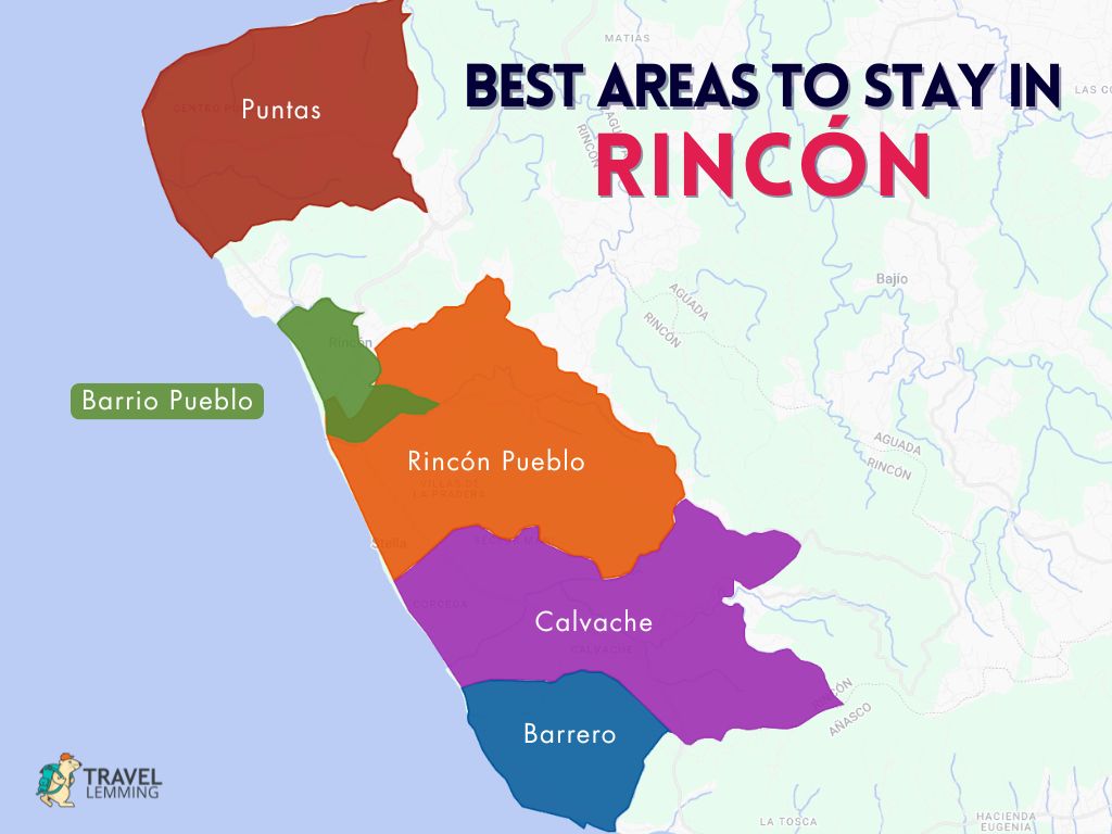 A graphic map that shows the best areas to stay in Rincón