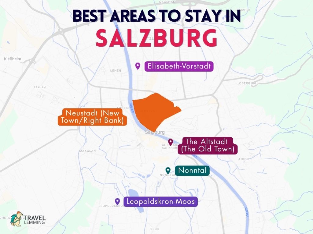 A graphic map that shows the best areas to stay in Salzburg