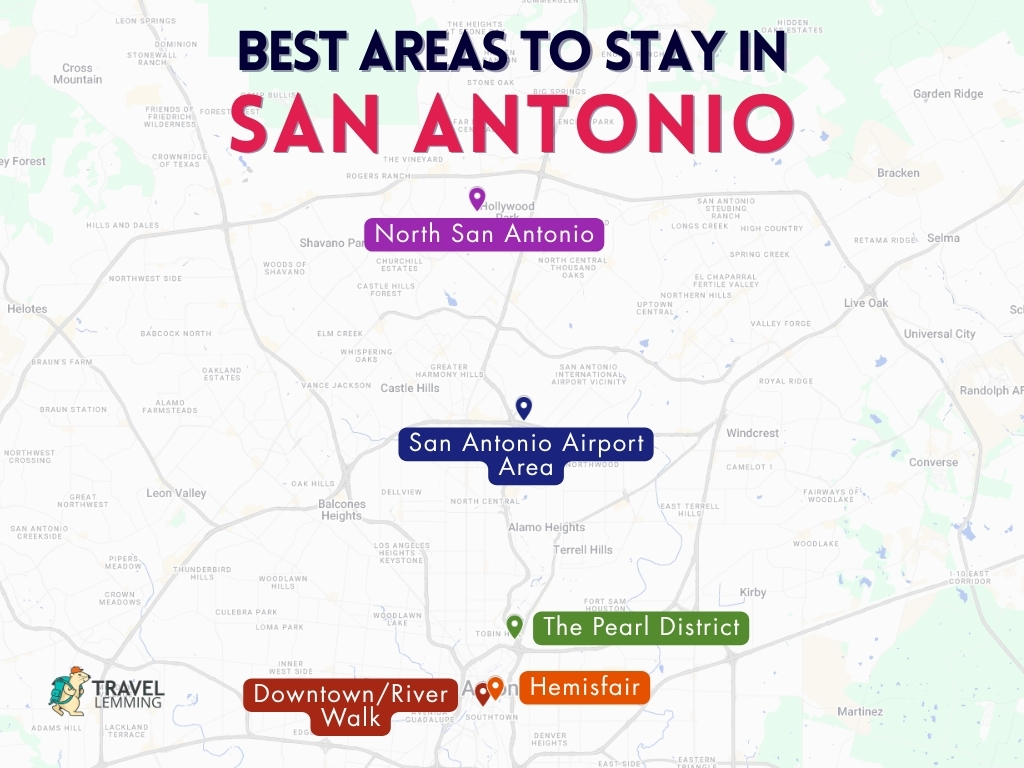A graphic map that shows the best areas to stay in San Antonio