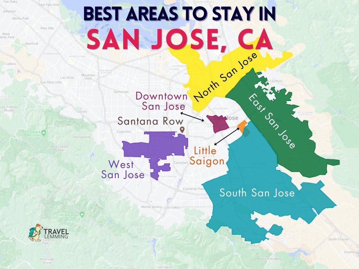 A graphic map that shows the best areas to stay in San Jose, CA