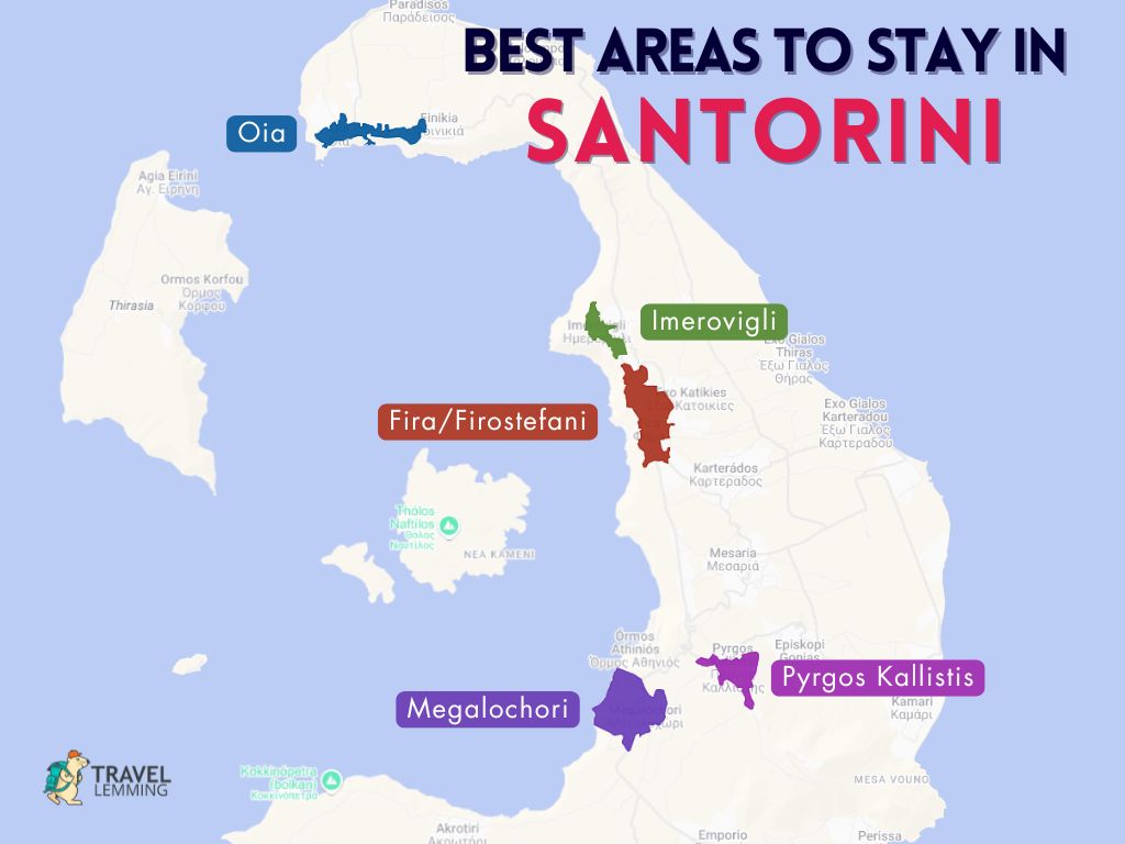 A graphic map that shows the best areas to stay in Santorini