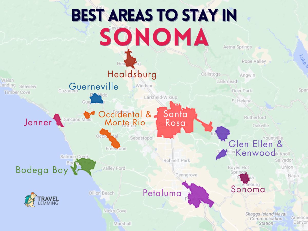 A graphic map that shows the best areas to stay in Sonoma