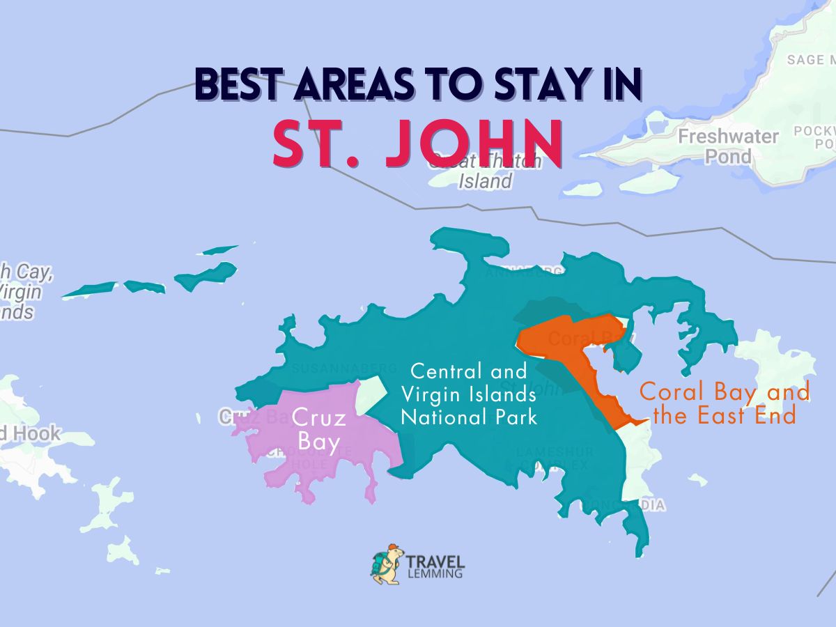 A graphic map that shows the best areas to stay in St. John