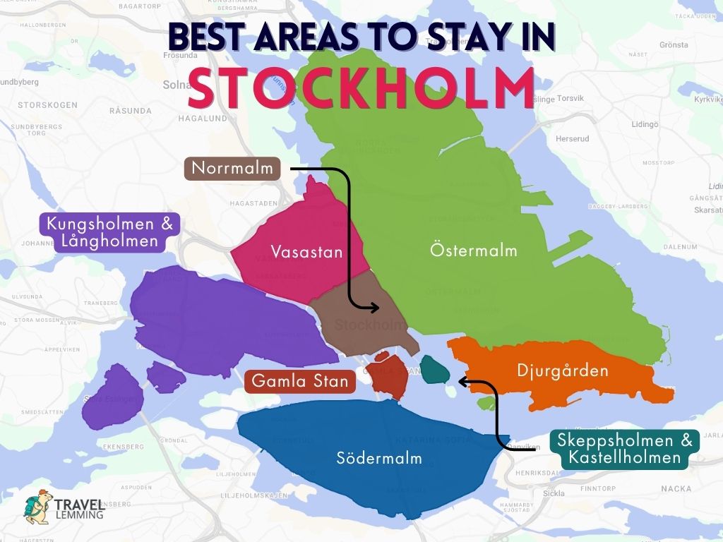 A graphic map that shows the best areas to stay in the Stockholm