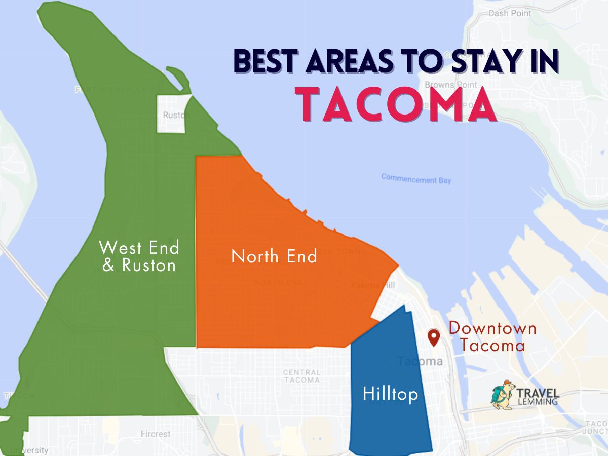 A graphic map that shows the best areas to stay in Tacoma
