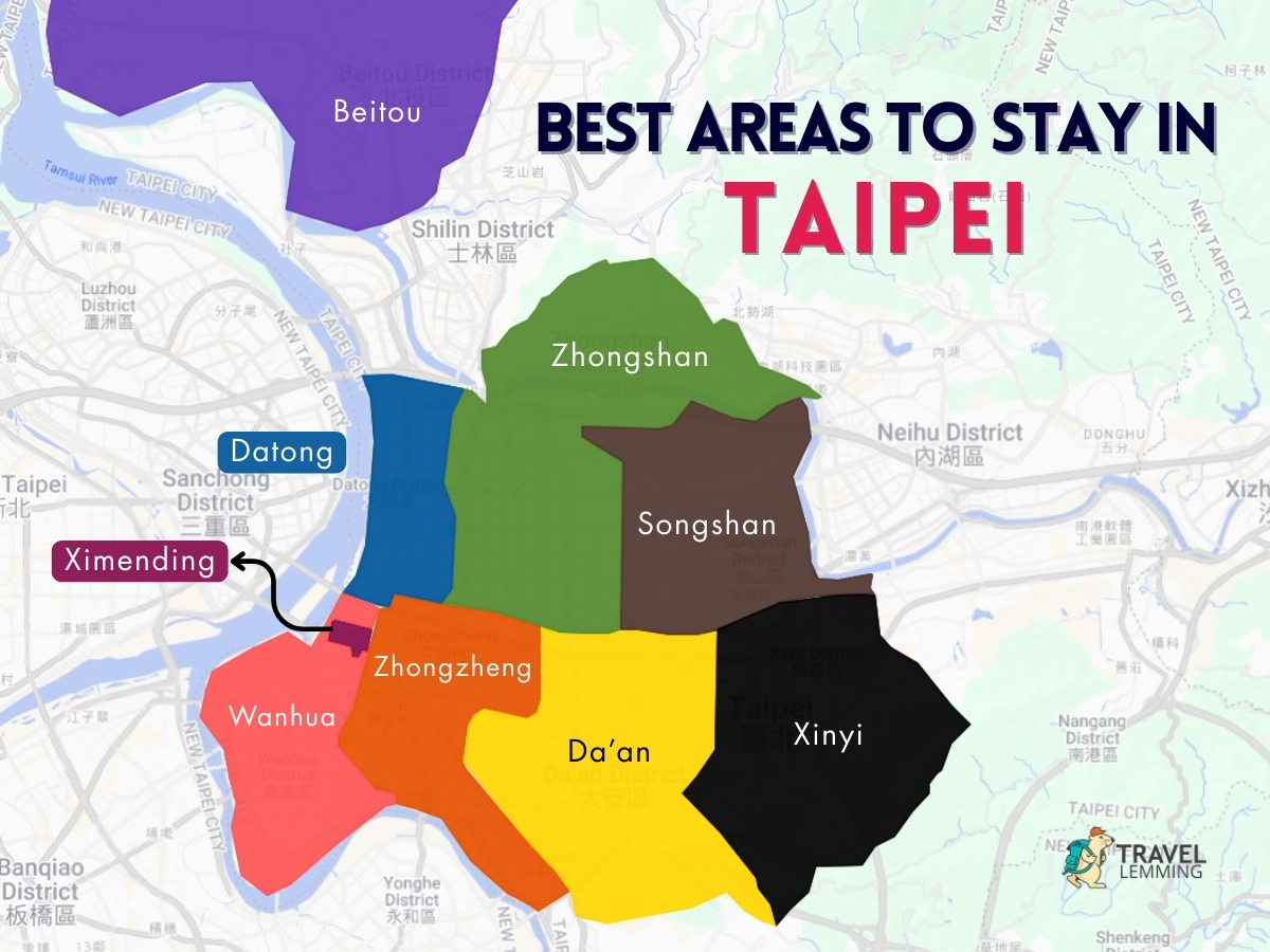 A graphic map that shows the best areas to stay in Taipei