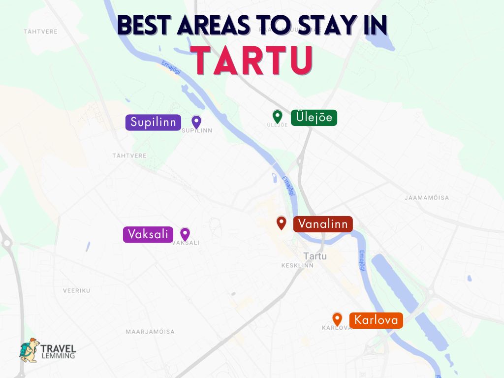 A graphic map that shows the best areas to stay in Tartu