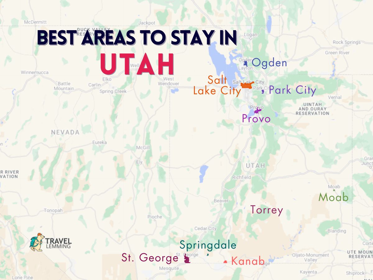 A graphic map that shows the best areas to stay in Utah
