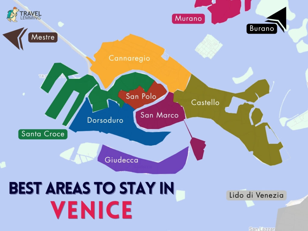 A graphic map that shows the best areas to stay in Venice
