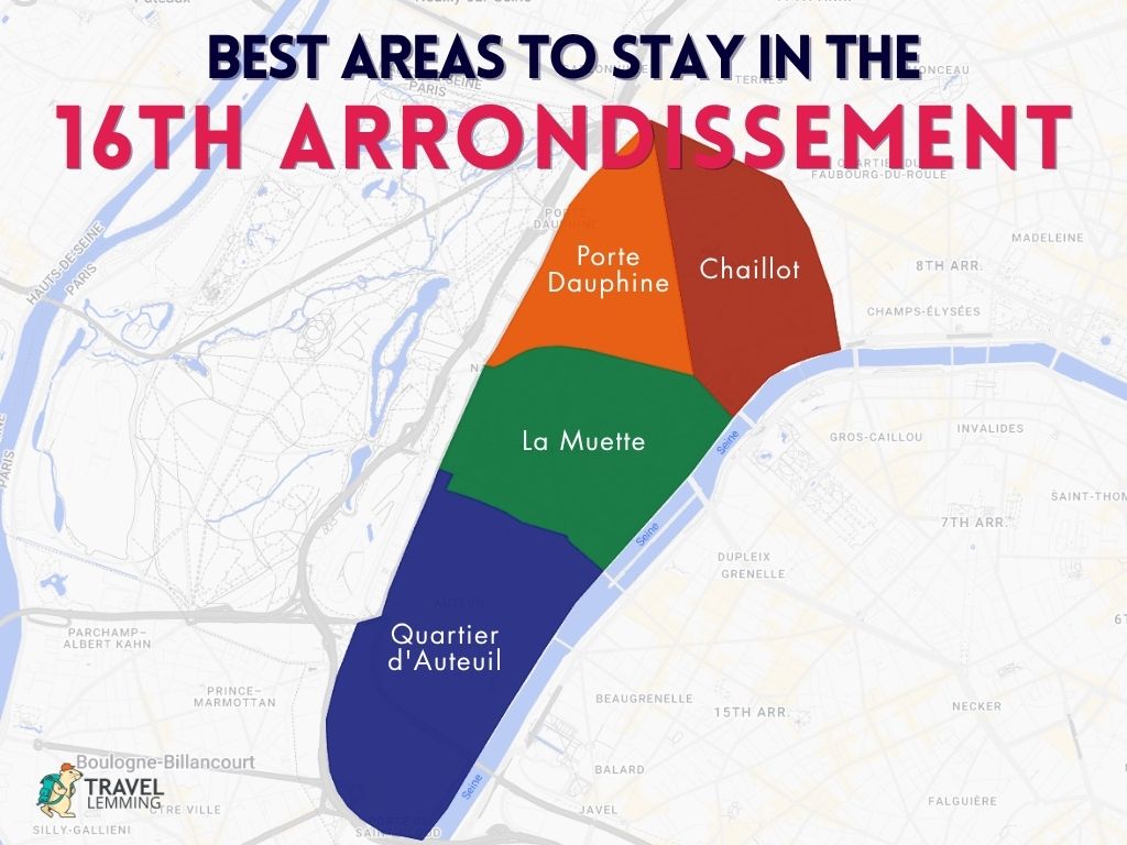 A graphic map that shows the best areas to stay in the 16th Arrondissement