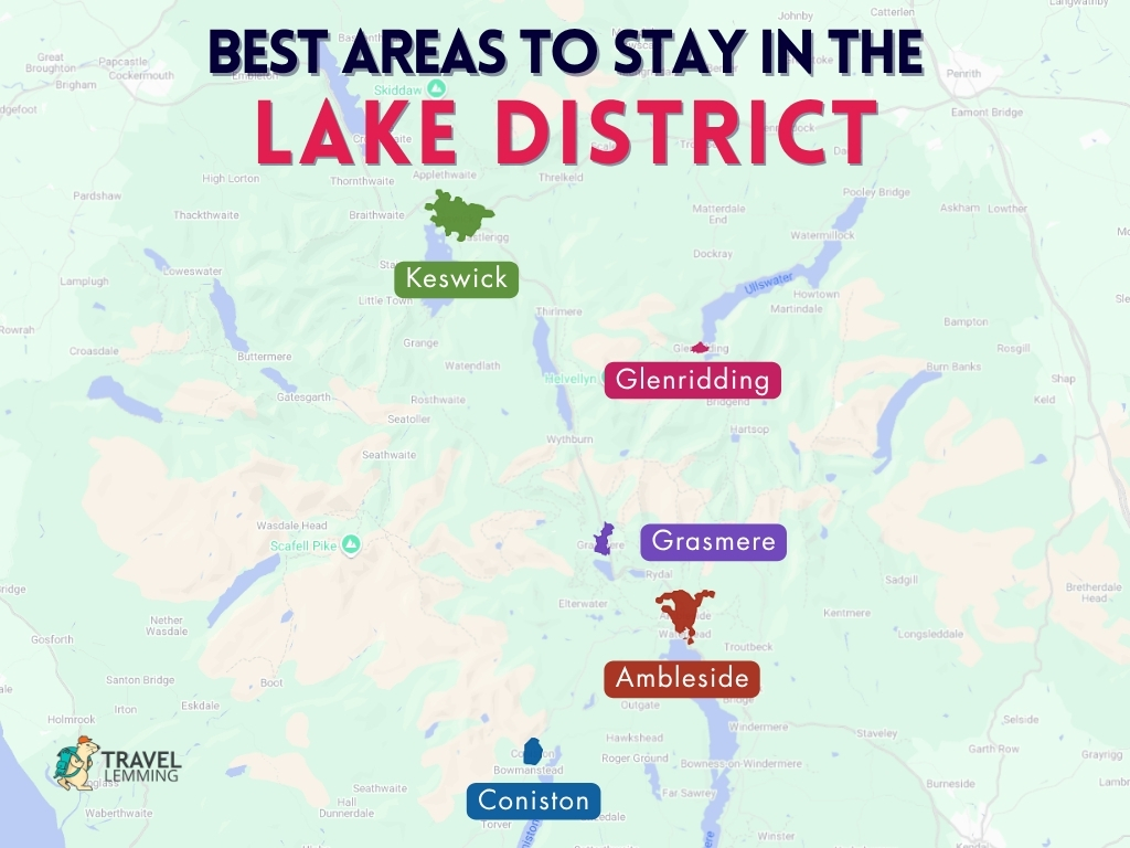 A graphic map that shows the best areas to stay in the Lake District