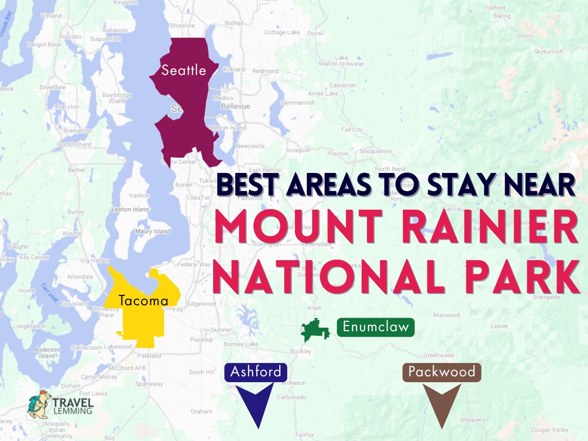 A graphic map that shows the best areas to stay near Mount Rainier National Park