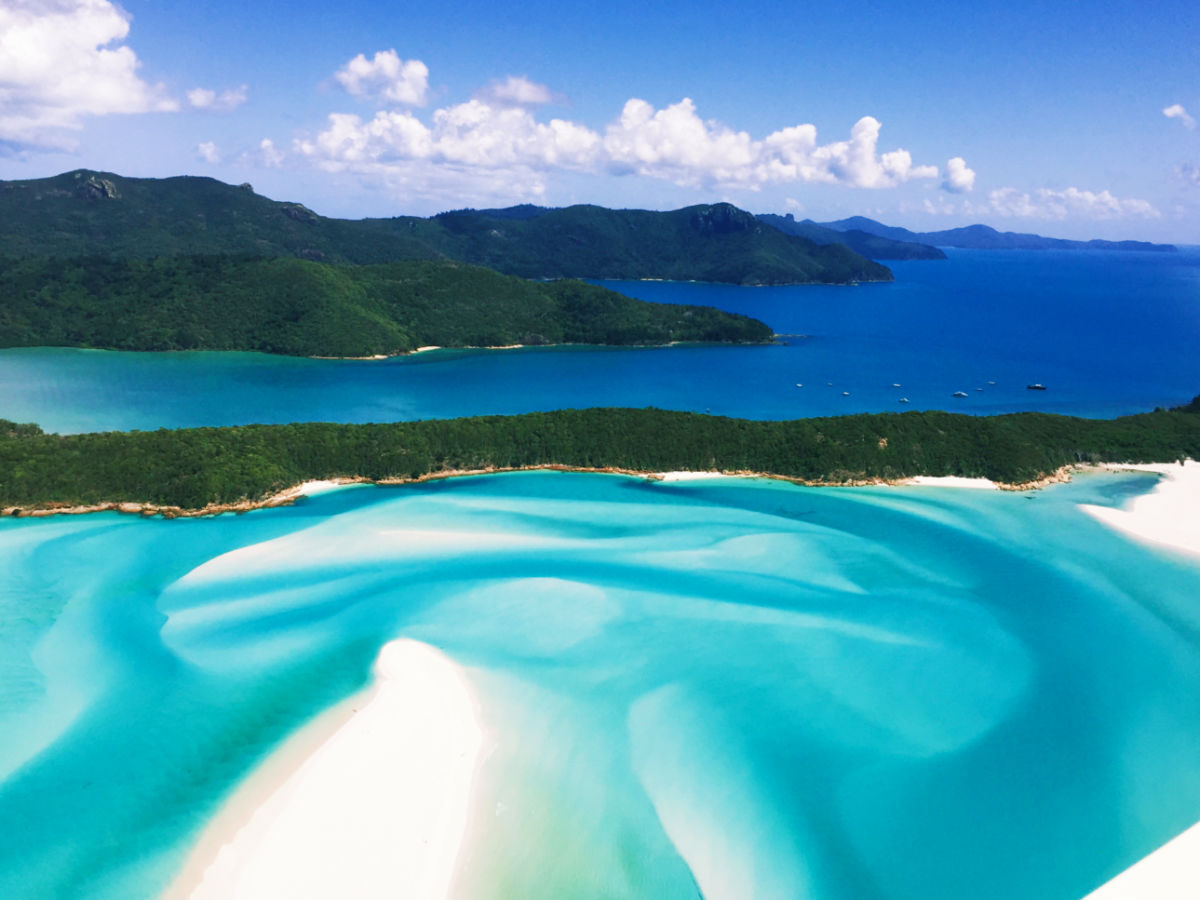 Scenic aerial view of the white sand Whitehaven Beach