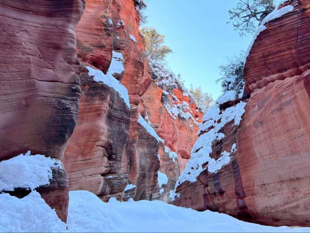 View of the snow covered Peek-a-boo Canyon in Kanab