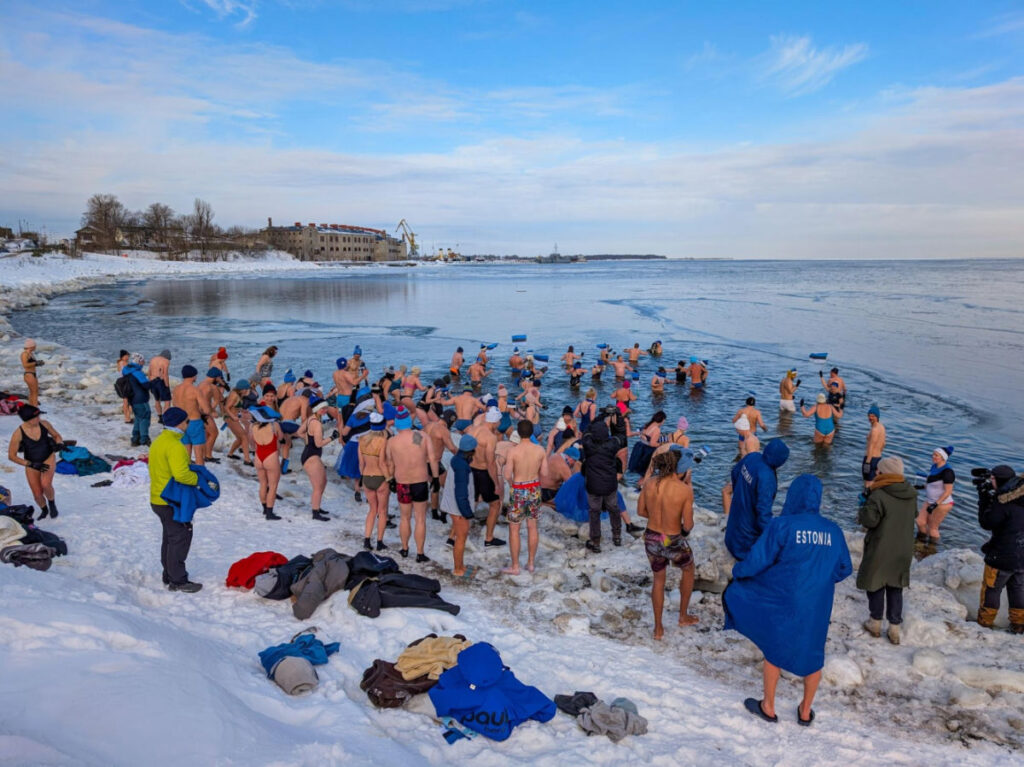 A crowd swimming in the nearly frozen sea of Tallinn