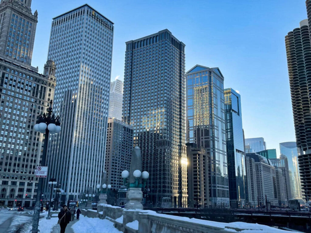 View of Chicago tall buildings in winter