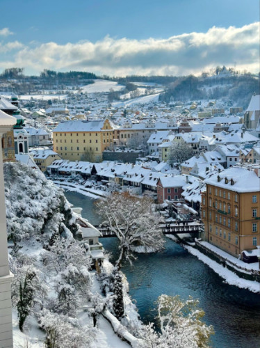 Overlooking view of Cesky Krumlov during winter