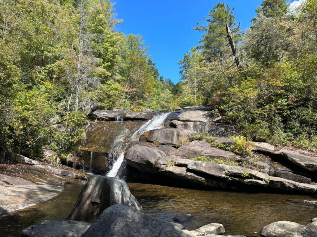 Clear blue sky over the Wintergreen Falls in Brevard