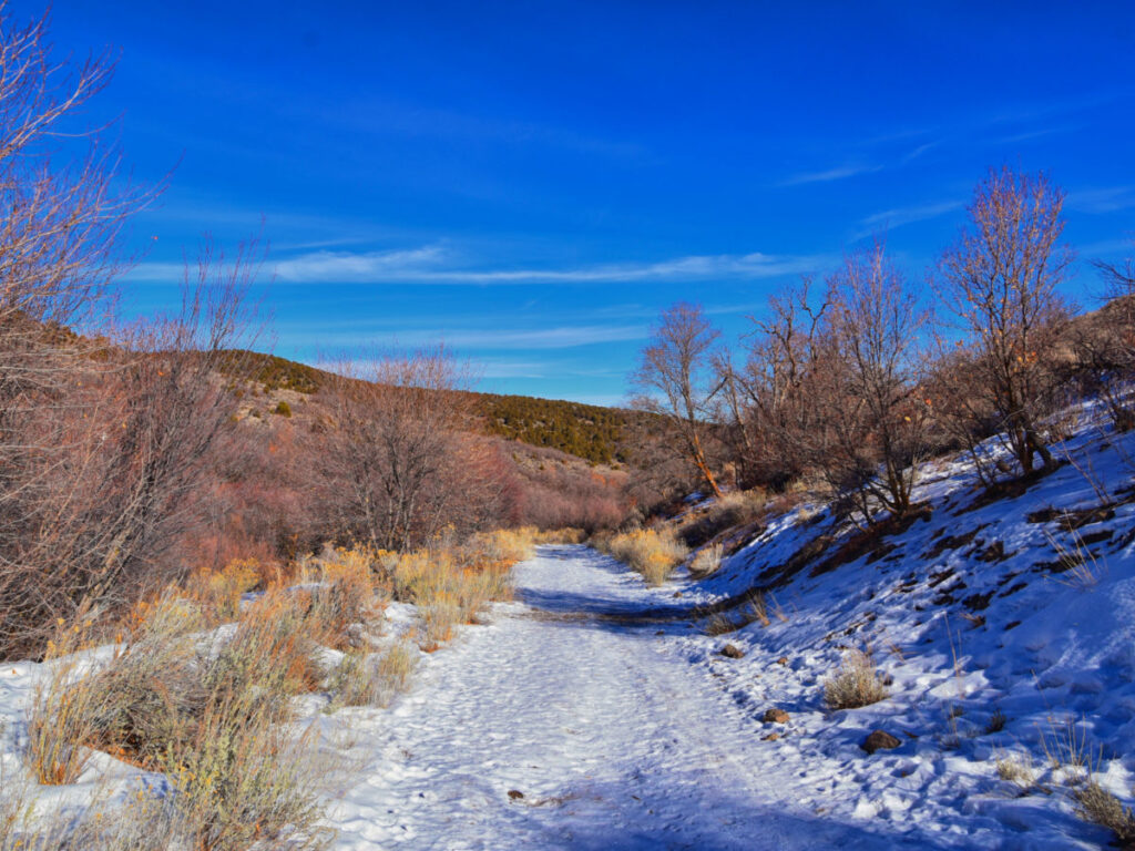 Winter snow mountain hiking trail at Yellow Fork Canyon County Park