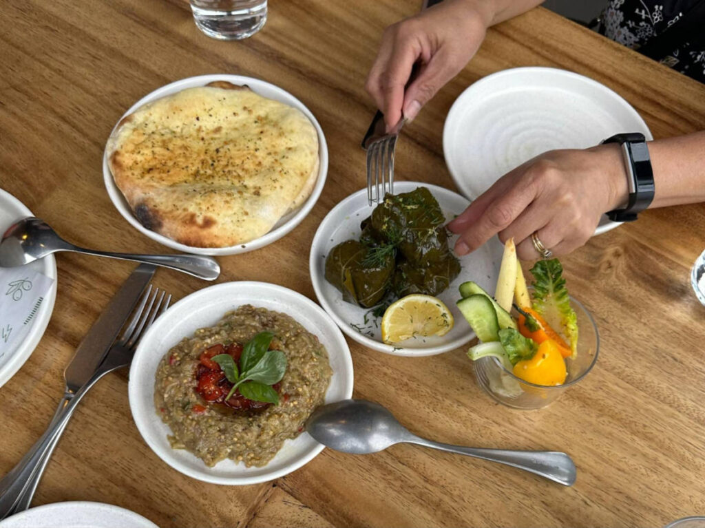 The Yia Yia Dolmades, charred eggplant spread, and pita bread from Andros Taverna