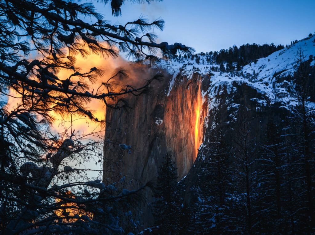 View of the Yosemite Firefall during sunset