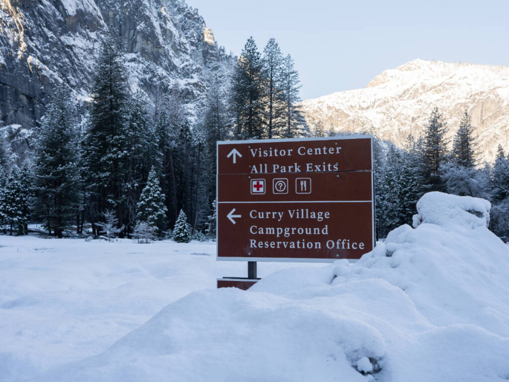 View of a signage in Yosemite National Park during winter season