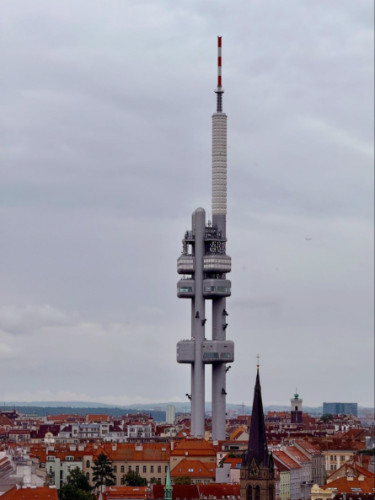 View of the Žižkov Television Tower on a gloomy day