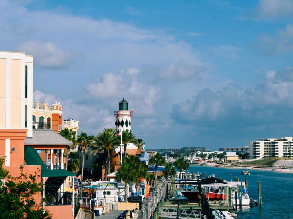View of the HarborWalk Village on a sunny day